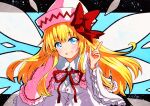  1girl :d blonde_hair blue_background blue_eyes blush bow eyebrows_visible_through_hair fairy fairy_wings frilled_sleeves frills hat hat_bow index_finger_raised lily_white long_hair long_sleeves looking_at_viewer neck_ribbon qqqrinkappp red_bow red_ribbon ribbon smile solo touhou traditional_media wide_sleeves wings 