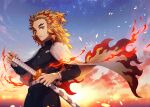  1boy belt blonde_hair cape closed_mouth clouds fire flame flame_print gakuran half_updo highres holding holding_sheath holding_sword holding_weapon katana kimetsu_no_yaiba long_sleeves looking_at_viewer male_focus multicolored_hair multicolored_sky orange_eyes redhead rengoku_kyoujurou rokuo016 school_uniform sheath sheathed sky solo star_(sky) starry_sky sun sunlight sunset sword twilight two-tone_hair weapon white_cape 