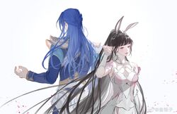  animal_ears back-to-back back_turned bare_shoulders douluo_dalu dress hair_brushing hair_ornament highres husband_and_wife long_hair ponytail rabbit_ears tang_san weibo_id weibo_logo white_background xiao_wu_(douluo_dalu) yu_xian_zi 