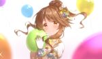 1girl balloon bangs blurry blurry_background blurry_foreground blush brown_eyes brown_hair closed_mouth commentary depth_of_field dress eyebrows_visible_through_hair frilled_sleeves frills gloves hair_ribbon hat highres holding holding_balloon idolmaster idolmaster_cinderella_girls long_hair looking_at_viewer mini_hat nagononn ponytail puffy_short_sleeves puffy_sleeves ribbon short_sleeves smile solo sparkle takamori_aiko tilted_headwear upper_body white_dress white_gloves white_headwear wind 