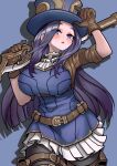  1girl arcane:_league_of_legends bangs belt blue_eyes blush breasts brown_belt brown_gloves brown_pants caitlyn_(league_of_legends) commentary cowboy_shot gloves gun hat highres large_breasts league_of_legends long_hair looking_at_viewer open_mouth over_shoulder pants rifle short_sleeves smile sniper_rifle solo weapon weapon_over_shoulder zepaloc 