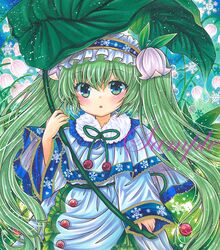  :o blue_background blue_hairband blush capelet cherry cowboy_shot dress eyebrows_visible_through_hair flower food frilled_dress frilled_hairband frills fruit fur-trimmed_capelet fur_trim gradient gradient_background green_background green_eyes green_hair green_ribbon green_theme hair_between_eyes hair_flower hair_ornament hairband hatsune_miku holding holding_leaf holding_umbrella leaf leaf_umbrella lily_of_the_valley long_hair long_sleeves looking_at_viewer marker_(medium) neck_ribbon open_mouth print_dress ribbon rui_(sugar3) snowbell_(flower) snowflake_print traditional_media umbrella very_long_hair vocaloid white_dress wide_sleeves yuki_miku yuki_miku_(2015) 