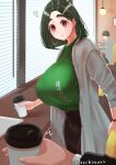  1girl :&gt; ? blinds breasts chinushroya coat coffee_cup cup dark_green_hair disposable_cup earrings green_shirt highres holding holding_cup huge_breasts jewelry long_sleeves orange_eyes original price_tag shirt shirt_tucked_in short_hair skirt smile thick_eyebrows twitter_username 