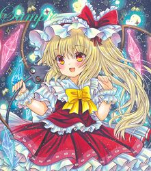  1girl :d back_bow blonde_hair bow bowtie collared_shirt cowboy_shot crystal dark_background eyebrows_visible_through_hair fang flandre_scarlet frilled_ribbon frilled_shirt_collar frilled_skirt frills hat hat_ribbon holding holding_wand laevatein_(touhou) long_hair looking_at_viewer marker_(medium) mob_cap open_mouth puffy_short_sleeves puffy_sleeves red_eyes red_ribbon red_skirt red_vest ribbon ribbon-trimmed_skirt ribbon_trim rui_(sugar3) sample shirt short_sleeves side_ponytail skin_fang skirt skirt_set smile solo touhou traditional_media vest wand white_bow white_headwear white_shirt wings yellow_bow yellow_bowtie 