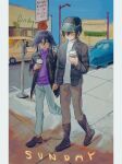  2boys :o absurdres alternate_costume arm_at_side bangs black_footwear black_hair black_jacket blue_sky brown_pants building car character_name cup danganronpa_(series) danganronpa_v3:_killing_harmony disposable_cup grey_pants grey_shirt ground_vehicle hair_between_eyes highres holding holding_cup jacket lamppost long_sleeves looking_at_another male_focus motor_vehicle multiple_boys ouma_kokichi outdoors pants purple_shirt saihara_shuuichi shirt sky smile tama_rick violet_eyes yellow_eyes 