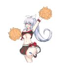  1girl :d absurdres arm_up armpits bare_shoulders black_shirt black_skirt breasts bright_pupils cheerleader closers crop_top cropped_legs floating_hair frilled_skirt frills hair_ribbon highres holding holding_pom_poms laei large_breasts leg_up long_hair looking_at_viewer midriff miniskirt mirae_(closers) navel pleated_skirt pom_pom_(cheerleading) ponytail red_eyes revealing_clothes ribbon shirt shoes simple_background sketch skirt sleeveless sleeveless_shirt smile sneakers socks solo stomach under_boob very_long_hair white_background white_hair 