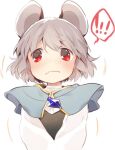 ! 1girl akagashi_hagane animal_ears bangs black_vest blue_capelet blush capelet commentary_request embarrassed grey_hair heart heart-shaped_pupils jewelry long_sleeves mouse_ears nazrin nose_blush pendant red_eyes shirt short_hair simple_background solo spoken_exclamation_mark symbol-shaped_pupils touhou upper_body vest wavy_mouth white_background white_shirt 