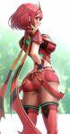  1girl absurdres ass black_gloves blush breasts earrings eyebrows_visible_through_hair fingerless_gloves from_behind gloves gonzarez highres jewelry looking_at_viewer medium_breasts open_mouth pyra_(xenoblade) red_eyes redhead short_hair solo standing xenoblade_chronicles_(series) xenoblade_chronicles_2 