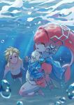  1boy 1girl :i bangs blonde_hair breasts collarbone colored_skin fins fish_girl gxp hair_ornament jewelry link long_hair male_swimwear mipha monster_girl multicolored_skin no_eyebrows pointy_ears red_skin redhead small_breasts smile the_legend_of_zelda underwater water yellow_eyes zora 