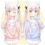  2girls ;p animal_ear_fluff animal_ears bangs black_bow blue_shirt blush bow brown_eyes candy cat_ears cat_girl cat_tail closed_mouth collarbone commentary_request eyebrows_visible_through_hair food grey_hair hair_between_eyes hair_bow hair_ornament hairclip highres holding holding_candy holding_food holding_lollipop intertwined_tails lollipop long_hair long_sleeves multiple_girls nakkar one_eye_closed original parted_lips pink_skirt pleated_skirt puffy_long_sleeves puffy_sleeves sailor_collar school_uniform serafuku shirt skirt sleeves_past_wrists smile swirl_lollipop tail tongue tongue_out twintails very_long_hair white_bow white_sailor_collar white_skirt x_hair_ornament 