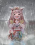  1girl agnes_digital_(umamusume) animal_ears belly belt closed_eyes commentary hair_ornament highres horse_ears horse_girl horse_tail long_hair midriff navel open_mouth own_hands_clasped own_hands_together pink_hair rain single_thighhigh sky solo tail thigh-highs umamusume wet 