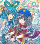  2girls :d back_bow black_skirt blue_bow blue_bowtie blue_dress blue_hair blue_headwear bow bowtie cabbie_hat camellia chinese_clothes cowboy_shot dress fang floral_background flower frilled_bow frilled_dress frilled_shirt_collar frilled_sleeves frills grey_hair hagoromo hair_flower hair_ornament hair_ribbon hair_rings hair_stick hat hat_ribbon kaku_seiga long_sleeves looking_at_viewer marker_(medium) medium_hair miyako_yoshika multiple_girls ofuda_on_head open_mouth outstretched_arms pink_flower purple_bow purple_ribbon red_flower ribbon rui_(sugar3) sample shawl short_sleeves skin_fang skirt smile star_(symbol) tangzhuang touhou traditional_media wide_sleeves wrist_cuffs zombie_pose 
