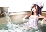 1girl ahoge bare_arms bare_shoulders blush brown_hair closed_eyes collarbone commentary_request drooling headgear lamb_(hitsujiniku) long_hair naked_towel onsen open_mouth partially_submerged saliva solo touhoku_kiritan towel towel_on_head voiceroid water wavy_mouth white_background 