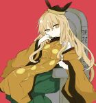  1girl 76gpo bangs black_headwear blonde_hair closed_mouth constellation_print eyebrows_visible_through_hair green_skirt hat highres long_hair long_sleeves looking_at_viewer matara_okina red_background simple_background sitting skirt solo tabard throne touhou tricorne wide_sleeves yellow_eyes 
