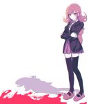  1girl animal_bag backpack bag bangs black_jacket black_shirt blood brown_skirt cat_bag collared_shirt crossed_arms danganronpa_(series) danganronpa_2:_goodbye_despair flipped_hair galaga grey_background hair_ornament highres jacket long_hair long_sleeves nanami_chiaki neck_ribbon pink_blood ribbon shadow shenmu_(nyx_0) shirt shoes simple_background skirt solo standing thigh-highs white_shirt zettai_ryouiki 