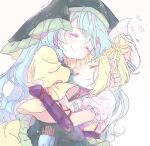  2girls bangs biyon blonde_hair blue_hair cheek_squash closed_eyes commentary_request double_bun dress green_headwear haniyasushin_keiki head_scarf headpat hug joutouguu_mayumi long_hair medium_hair multiple_girls mutual_hug pink_background short_sleeves smile touhou twitter_username upper_body vambraces yellow_dress 