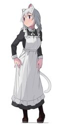  1girl animal_ears bangs boots braid cat_ears cat_girl cat_tail eyebrows_visible_through_hair full_body grey_hair highres juliet_sleeves long_hair long_sleeves looking_away maid original puffy_sleeves saiste simple_background solo tail twin_braids violet_eyes white_background 