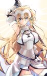  1girl armor armpits ass_visible_through_thighs bare_shoulders blonde_hair blue_eyes breasts chain cowboy_shot eyebrows_visible_through_hair fate/apocrypha fate_(series) gauntlets hair_between_eyes highres jeanne_d&#039;arc_(fate) jeanne_d&#039;arc_(fate/apocrypha) long_hair looking_at_viewer maru_(pixiv51714255) medium_breasts solo sword thigh-highs weapon 