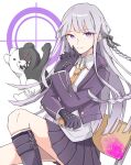  1girl 9rage_(oyakodon0511) bangs black_ribbon black_skirt blood boots braid brown_necktie chair closed_mouth collared_shirt danganronpa:_trigger_happy_havoc danganronpa_(series) expressionless grey_background hair_ribbon hand_up highres jacket kirigiri_kyouko knee_boots knee_up long_hair looking_at_viewer monokuma necktie open_clothes open_jacket open_mouth pink_background pink_blood pink_eyes purple_jacket ribbon sharp_teeth shiny shiny_hair shirt simple_background single_braid sitting skirt teeth thinking white_shirt 