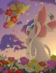  blue_eyes clouds comfey commentary_request eye_contact flower from_below green_eyes highres looking_at_another no_humans open_mouth outdoors petals pokemon pokemon_(creature) rumine_(yoshi1234567) sky smile sylveon twilight 