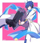  1boy blue_eyes blue_hair boots coat floating hugging_own_legs kaito_(vocaloid) kaito_(vocaloid3) long_sleeves nail_polish pink_background scarf short_hair smile solo vocaloid yoshiki 