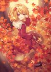  1girl aki_shizuha arm_up autumn_leaves bangs black_footwear blonde_hair bob_cut bobby_socks brown_shirt brown_skirt buttons closed_mouth collared_shirt commentary_request curly_hair eyebrows_visible_through_hair floral_background floral_print flower full_body hair_ornament highres kyouda_suzuka leaf leaf_hair_ornament leaf_on_head light_smile loafers long_sleeves looking_at_viewer maple_leaf one_eye_closed outstretched_arms petals shirt shoes short_hair skirt skirt_hold skirt_set socks solo swept_bangs touhou white_background white_legwear wide_sleeves yellow_eyes 