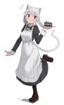  1girl :3 animal_ears bangs boots braid cake cat_ears cat_girl cat_tail eyebrows_visible_through_hair food full_body grey_hair highres holding juliet_sleeves long_hair long_sleeves looking_at_viewer maid original plate puffy_sleeves saiste simple_background smile solo standing standing_on_one_leg tail twin_braids violet_eyes white_background 