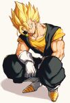  1boy absurdres boots dougi dragon_ball dragon_ball_z earrings full_body gloves highres jewelry looking_at_viewer male_focus muscular muscular_male potara_earrings relio_db318 simple_background smile solo squatting super_saiyan super_saiyan_1 vegetto white_footwear white_gloves 