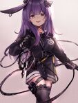  1girl :d akebisousaku animal_ears arknights bangs black_bow black_gloves black_jacket blush bow breasts brown_background commentary_request ear_piercing eyebrows_visible_through_hair gloves gradient gradient_background grey_background grey_eyes hair_bow highres jacket long_hair long_sleeves looking_at_viewer piercing purple_hair rabbit_ears rope_(arknights) small_breasts smile solo very_long_hair 