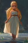  1girl bangs blonde_hair blue_eyes dress grass green_background gxp highres jewelry long_hair looking_at_viewer necklace off-shoulder_dress off_shoulder parted_bangs pointy_ears princess_zelda soaking_feet solo the_legend_of_zelda the_legend_of_zelda:_breath_of_the_wild triforce twitter_username water white_dress 