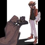  2boys absurdres black_shirt brown_eyes brown_hair cloak cocaduel duel_academy_uniform_(yu-gi-oh!_gx) duel_disk giving highres hood hood_up hooded_cloak jacket johan_andersen kneeling male_focus multiple_boys open_clothes open_jacket pants red_footwear red_jacket shadow shirt shoes sketch standing supreme_king_(yu-gi-oh!_gx) white_pants yu-gi-oh! yu-gi-oh!_gx yuuki_juudai 