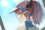 1girl animal_ears arknights bangs bare_shoulders black_headwear blue_sky brown_eyes closed_mouth cow_ears cow_horns day eyebrows_visible_through_hair highres horns official_alternate_costume outdoors ponytail purple_hair raw_egg_lent short_ponytail sideroca_(arknights) sideroca_(light_breeze)_(arknights) sky sleeveless solo sun translation_request upper_body visor_cap wet 