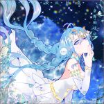  1girl absurdres blue_hair bug butterfly douluo_dalu dress gem gradient_eyes hair_ornament hand_on_own_face highres multicolored_eyes sideways_glance tang_wutong_(douluo_dalu) tang_wutong_tong_ren_she twintails weibo_id weibo_logo white_dress 