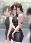  3girls aya_(jonsun) black_swimsuit blurry blurry_background breasts brown_eyes brown_hair commentary_request eyebrows_visible_through_hair jonsun looking_away medium_breasts multiple_girls one-piece_swimsuit original short_hair swimsuit twitter_username wet wet_hair 