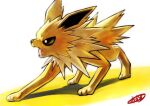  commentary_request full_body jolteon kaosu_(kaosu0905) looking_to_the_side no_humans open_mouth pokemon pokemon_(creature) signature solo standing toes tongue white_background 