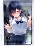  1girl against_glass bag bangs black_hair blue_neckwear blue_skirt blush breast_press breasts closed_mouth collared_shirt commentary_request eyebrows_visible_through_hair hair_between_eyes highres large_breasts long_hair nekomugiharu original pleated_skirt reflection school_bag school_uniform shirt shirt_tucked_in skirt solo_focus train_interior violet_eyes white_shirt 