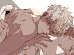  1boy brown_eyes commentary_request earclip looking_at_viewer lying male_focus mare_yajin nude on_stomach original parted_lips short_hair solo under_covers white_hair 