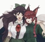  2girls 333kyanako animal_ear_fluff animal_ears black_hair black_wings bow braid cape cat_ears dress extra_ears flat_chest green_dress heart highres hug kaenbyou_rin long_hair looking_at_another multiple_girls open_mouth pointy_ears red_eyes redhead reiuji_utsuho shirt simple_background skirt slit_pupils third_eye touhou twin_braids white_background white_shirt wings 