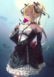  1girl absurdres blonde_hair blue_eyes dead_or_alive dead_or_alive_5 detached_sleeves dress flower frilled_dress frills full_moon highres long_hair marie_rose michie_sticker moon night smelling solo twintails 