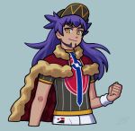  1boy argyle baseball_cap cape champion_uniform clenched_hand closed_mouth commentary_request dark-skinned_male dark_skin facial_hair fur-trimmed_cape fur_trim grey_background hat highres leon_(pokemon) long_hair male_focus pokemon pokemon_(game) pokemon_swsh purple_hair red_cape shield_print shinohara_akeo shirt short_sleeves shorts simple_background smile solo sword_print white_shorts yellow_eyes 