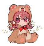  1girl :o animal_costume animal_feet animal_hood bear_costume bear_hood blush bow bowtie chibi hood hood_up idolmaster idolmaster_shiny_colors komiya_kaho looking_at_viewer red_eyes redhead simple_background solo star_(symbol) white_background yoshisawa 