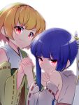  2girls bangs black_hairband blonde_hair blue_hair blunt_bangs chihaya_(clothing) commentary_request detached_sleeves eyebrows_visible_through_hair fang furude_rika hairband hazumi_otoya highres higurashi_no_naku_koro_ni hime_cut holding holding_hands houjou_satoko interlocked_fingers japanese_clothes looking_at_viewer miko multiple_girls red_eyes short_hair sidelocks simple_background skin_fang white_background wide_sleeves 