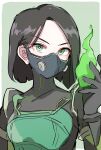 1girl 3wdog_s animification black_hair bodysuit facing_viewer gas gas_mask gloves green_bodysuit green_eyes green_smoke hair_behind_ear highres mask mouth_mask poison short_hair simple_background skin_tight solo valorant viper_(valorant) 