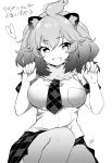  1girl :3 animal_ear_fluff animal_ears bangs big_hair bow bowtie breast_pocket breasts claw_pose dot_nose elbow_gloves eyebrows_visible_through_hair eyes_visible_through_hair fang fur_collar gloves greyscale hair_between_eyes halftone hand_up hands_up hatagaya heart kemono_friends large_breasts lion_(kemono_friends) lion_ears looking_at_viewer medium_hair miniskirt monochrome necktie open_mouth plaid plaid_necktie plaid_skirt pocket print_bow print_bowtie short_sleeves signature simple_background sitting skin_fang skirt sleeve_cuffs solo thigh-highs topknot translation_request tsurime wavy_hair white_background zettai_ryouiki 