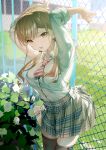  1girl absurdres almic bangs barbed_wire blush bow bowtie breasts brown_eyes brown_hair brown_legwear collared_shirt eyebrows_visible_through_hair flower grass hair_ornament highres jinguuji_rumi koi_wa_futago_de_warikirenai large_breasts lock long_hair long_sleeves looking_at_viewer mole mole_under_eye necktie official_art open_mouth orange_bow orange_bowtie outdoors plaid plaid_skirt pleated_skirt school_uniform shirt sidelocks skirt sleeves_folded_up smile socks solo standing sunlight thigh-highs tree twintails two-tone_bowtie uniform white_bow white_bowtie white_shirt 