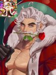  1boy chest_hair cookie_run eggnog_cookie facial_hair flower gift_bag highres large_pectorals male_focus mustache open_clothes open_shirt pectorals rose santa_costume shewnut stroking_beard underpec white_hair 