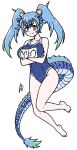  1girl acesrulez alternate_costume animal_ears bare_legs bare_shoulders barefoot blue_hair blue_swimsuit blush crossed_arms dragon_ears dragon_girl dragon_tail embarrassed extra_ears eyebrows_visible_through_hair kemono_friends long_hair one-piece_swimsuit pout school_swimsuit seiryuu_(kemono_friends) solo sweatdrop swimsuit tail translation_request twintails 
