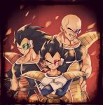 3boys amayu_(amaamailust) armor bald black_eyes black_hair closed_mouth commentary_request cowboy_shot crossed_arms dragon_ball dragon_ball_z facial_hair gloves grin highres long_hair looking_at_viewer male_focus multiple_boys muscular muscular_male mustache nappa raditz saiyan_armor scouter shoulder_pads signature smile spiky_hair upper_body vegeta white_gloves 