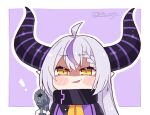  1girl ahoge aiming_at_viewer bangs black_coat blush blush_stickers braid chibi coat collar commentary demon_horns english_commentary eyebrows_visible_through_hair french_braid gun hair_between_eyes holding holding_gun holding_weapon hololive horns kukie-nyan la+_darknesss long_hair looking_at_viewer metal_collar multicolored_hair pointy_ears purple_background purple_hair shaded_face silver_hair simple_background single_braid slit_pupils solo streaked_hair striped_horns twitter_username two-tone_hair virtual_youtuber weapon yellow_eyes 