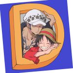  2boys ^_^ black_hair closed_eyes dark_blue_hair facial_hair grin hat monkey_d._luffy multiple_boys one_piece scar scar_on_face short_hair smile szk_(szkintama) tattoo trafalgar_law yellow_eyes 